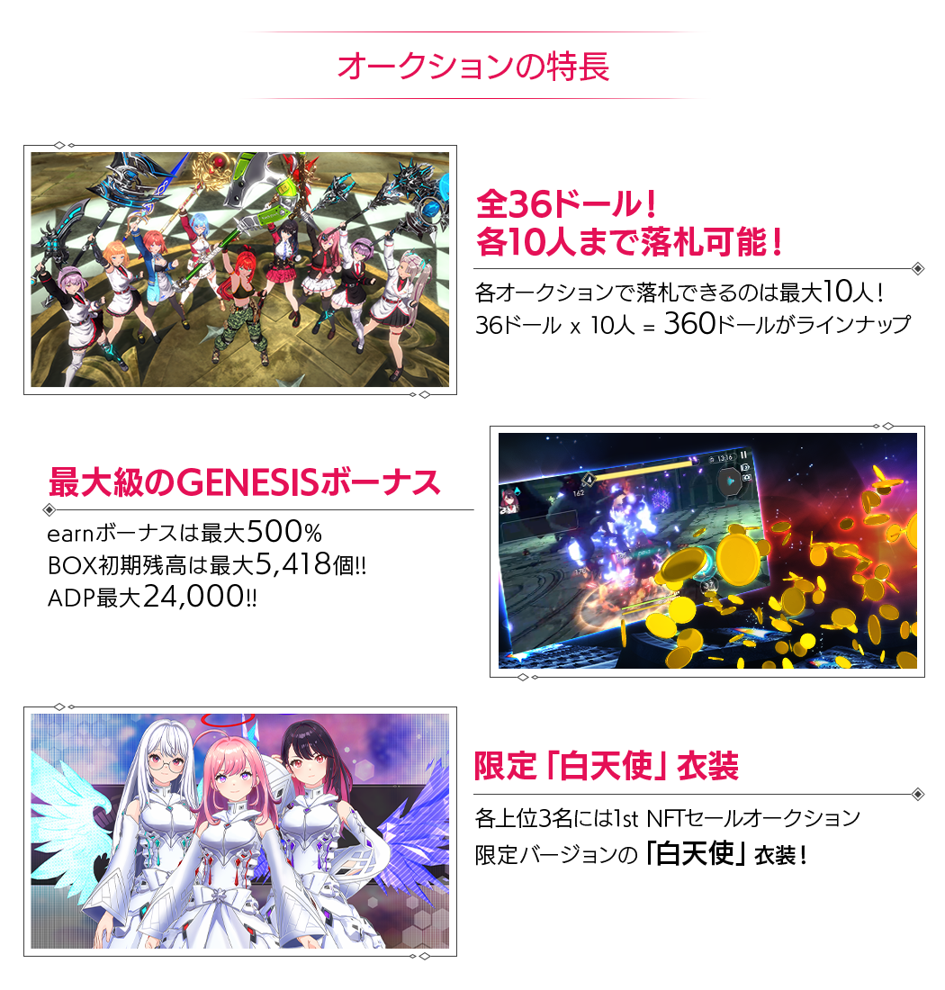 オークションの特長 1.全36ドール! 各30人まで落札可能!各オークションで落札できるのは最大30人! 36ドール x 30人 = 1080ドールがラインナップ 2.最大級のearnボーナス!earnLvは最大500% BOX初期残高は最大11,738個!! エアドロpt最大xxxx!!3.限定「白天使」衣装 各上位2名には1st NFTセールオークション 限定バージョンの「白天使」衣装!